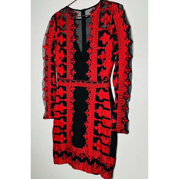 NICOLE MILLER Red Black Illusion Embroidered Mesh Long Sleeve Sheath Dress Size6 - Picture 5 of 11